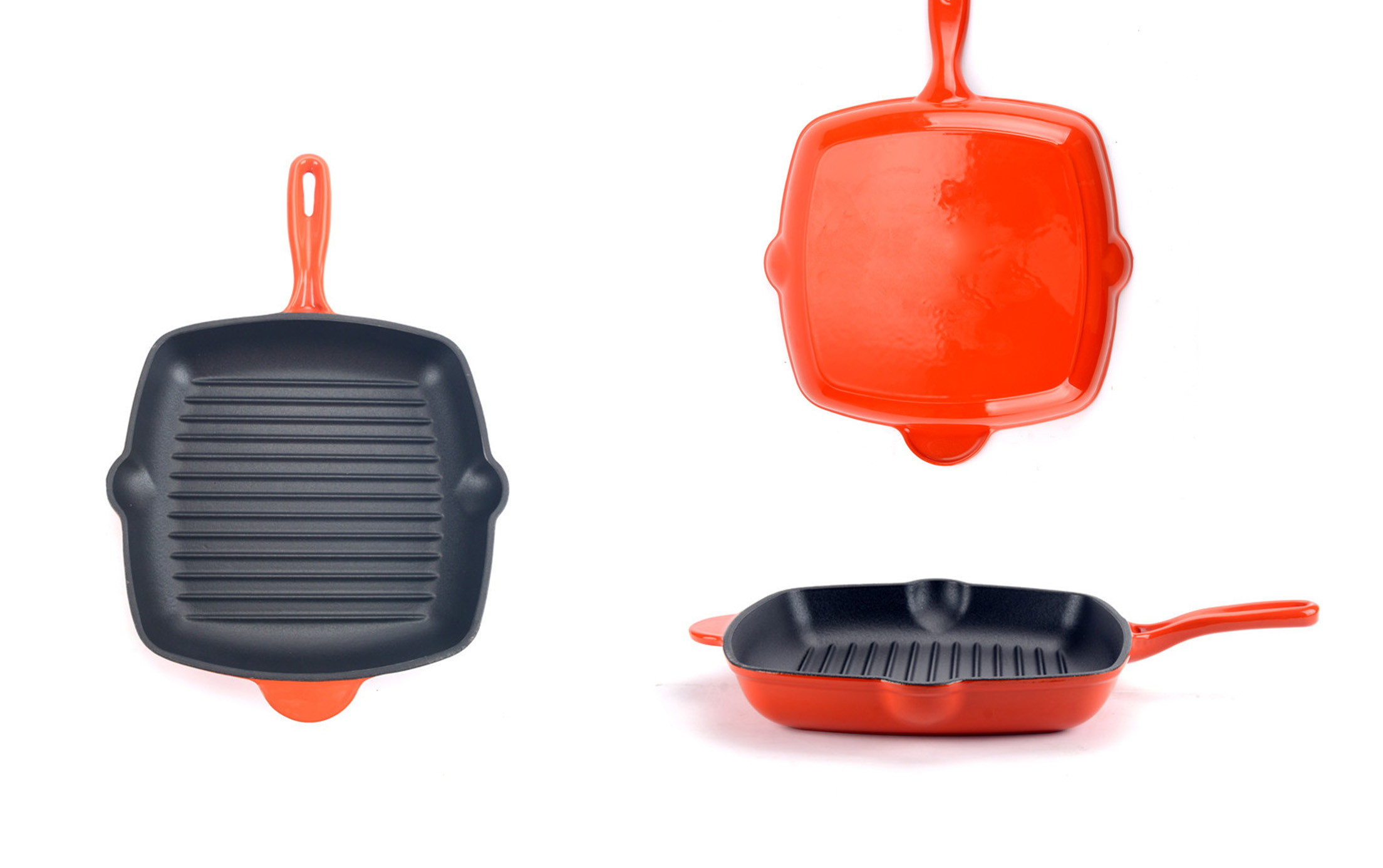 Grillpfanne aus emailliertem Gusseisen &ndash; quadratische Steakpfanne mit Tropfausguss Ausg&uuml;sse