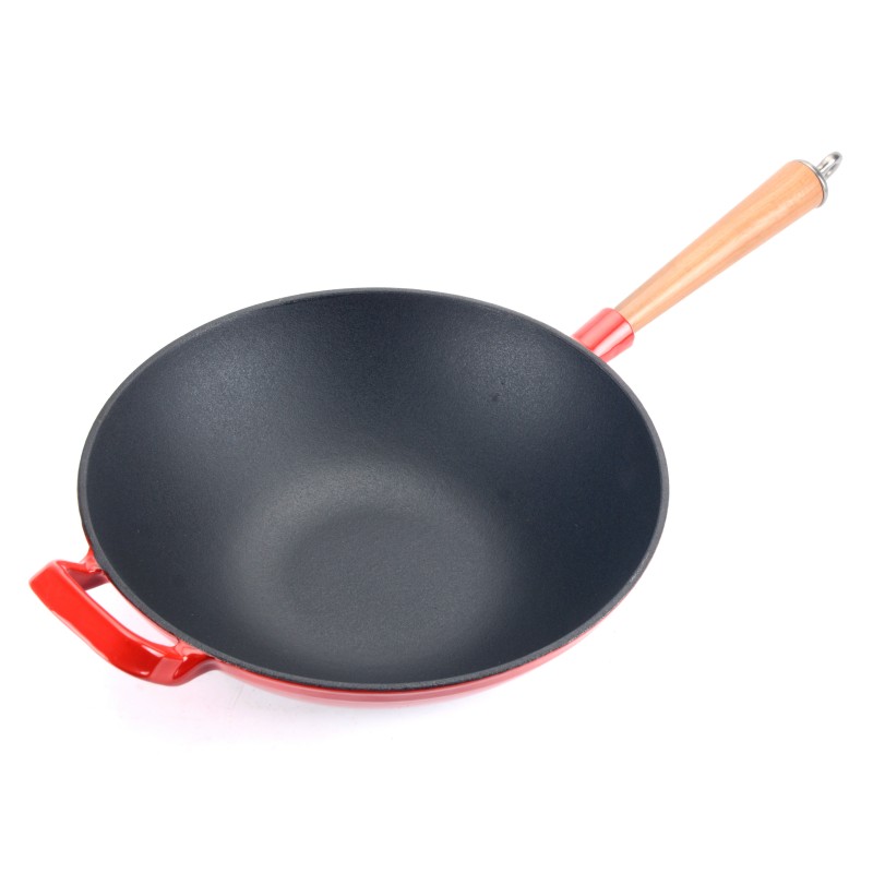 Emaillierter Gusseisen-Wok mit Holzgriff