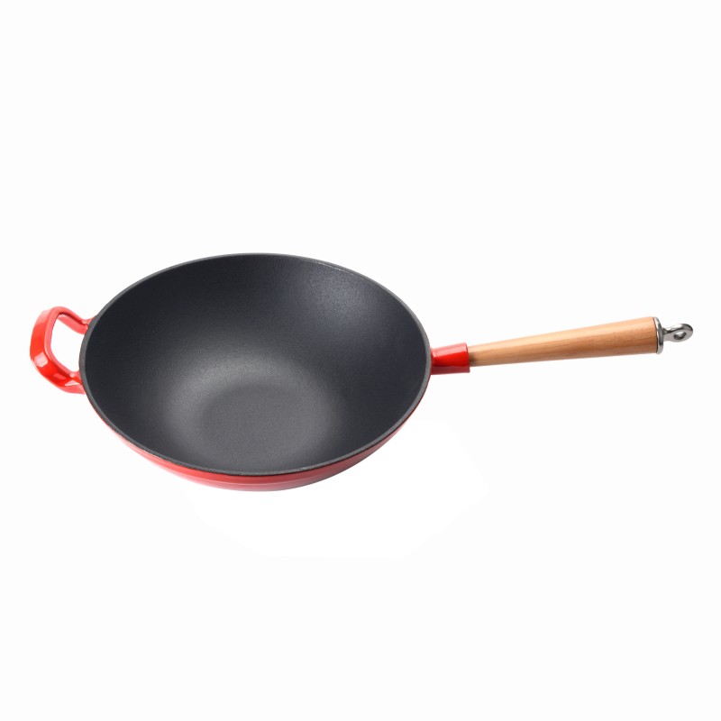 Emaillierter Gusseisen-Wok mit Holzgriff
