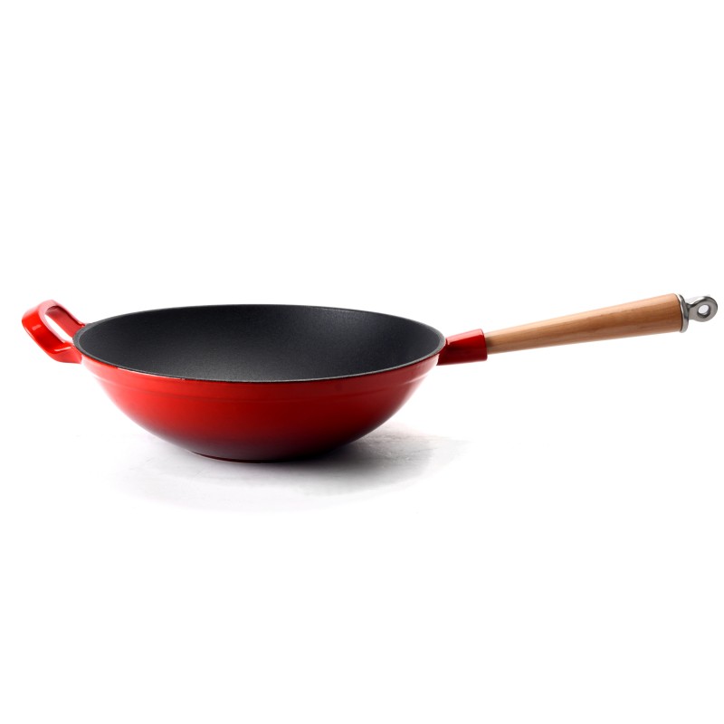 Emaillierter Gusseisen-Wok mit Holzgriff