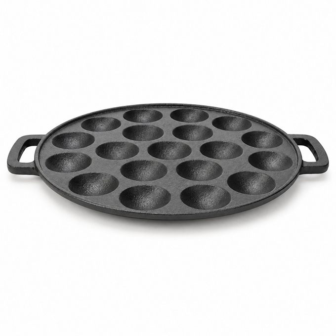 Eingebrannte Aebleskiver-Pfanne aus Gusseisen mit Doppelgriff
