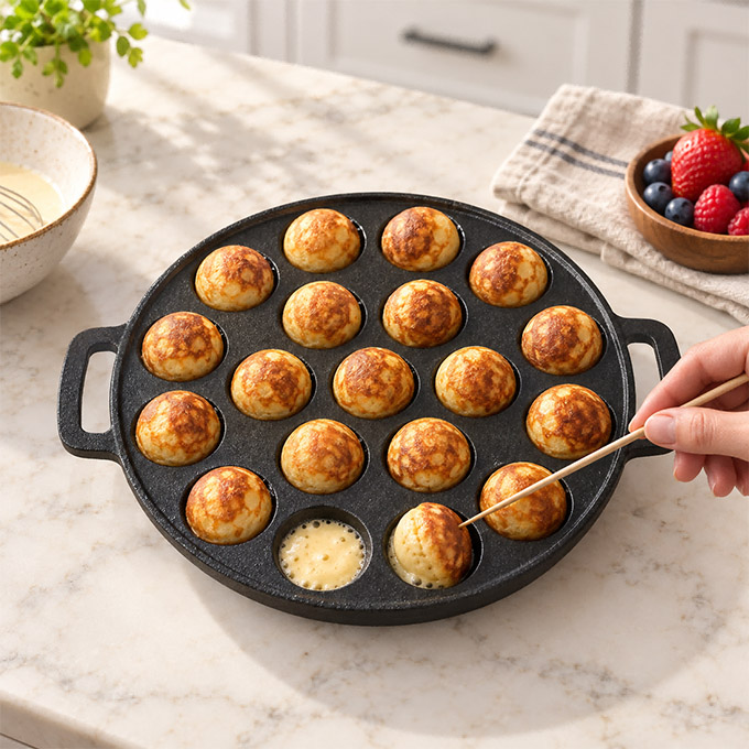 Eingebrannte Aebleskiver-Pfanne aus Gusseisen mit Doppelgriff