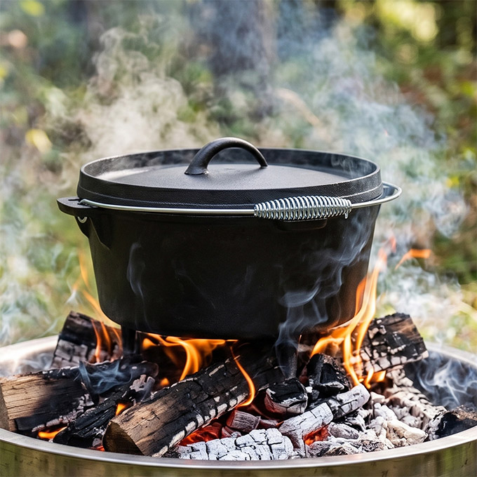 Camping Dutch Oven aus Gusseisen mit Deckelheber und Aufbewahrungstasche