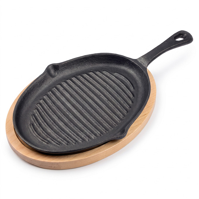 Ovale, vorgew&uuml;rzte franz&ouml;sische Tortillapfanne aus Gusseisen im mexikanischen Stil, 25 cm
