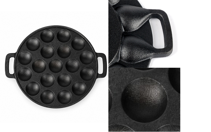 Eingebrannte Aebleskiver-Pfanne aus Gusseisen mit zwei Griffen