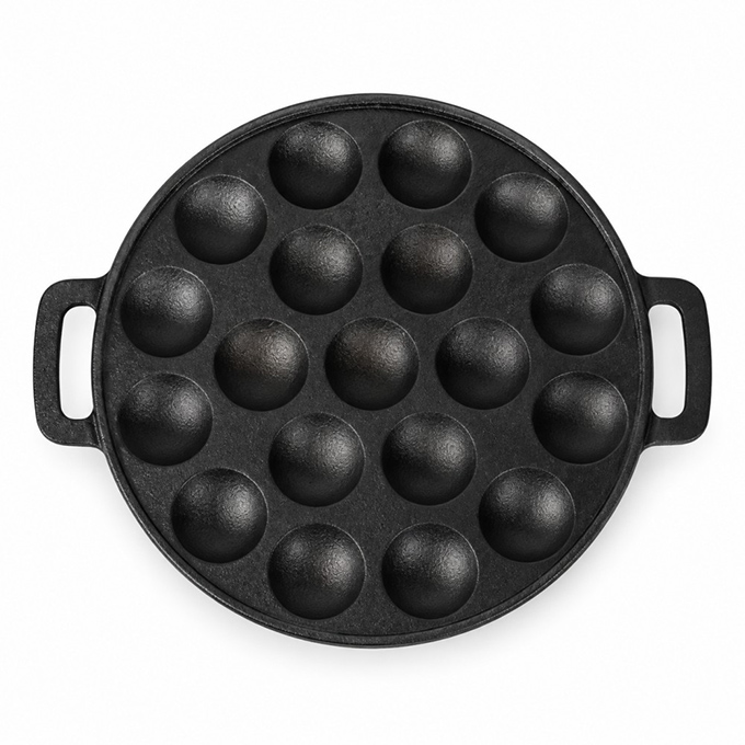 Eingebrannte Aebleskiver-Pfanne aus Gusseisen mit Doppelgriff