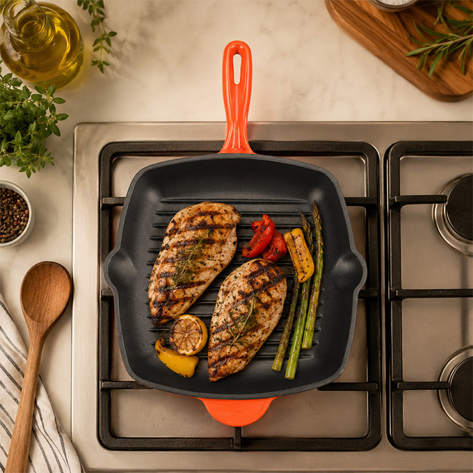 Grillpfanne aus emailliertem Gusseisen &ndash; quadratische Steakpfanne mit Tropfrohren