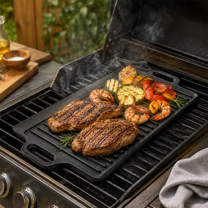 Wende-Grillplatte aus Gusseisen, vorgew&uuml;rzte doppelseitige Doppelbrennerpfanne