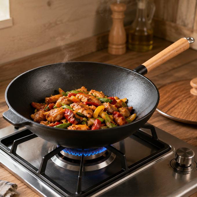 Einzelgriff-Wok aus eingebranntem Gusseisen, 31 cm