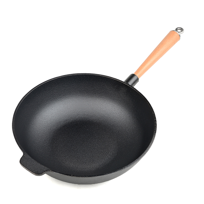 Einzelgriff-Wok aus eingebranntem Gusseisen, 31 cm