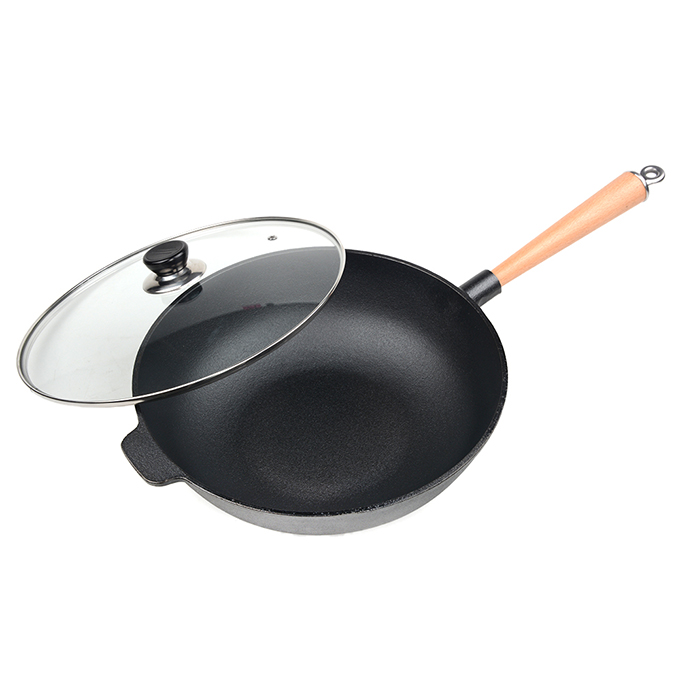 Einzelgriff-Wok aus eingebranntem Gusseisen, 31 cm
