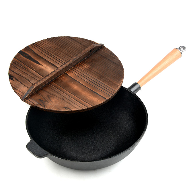 Einzelgriff-Wok aus eingebranntem Gusseisen, 31 cm