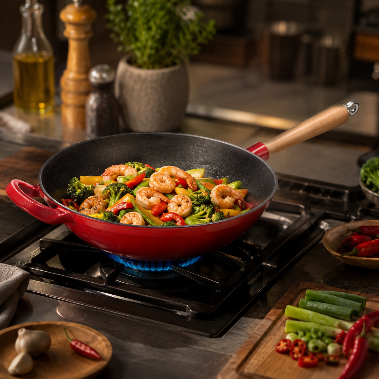 Emaillierter Gusseisen-Wok mit Holzgriff