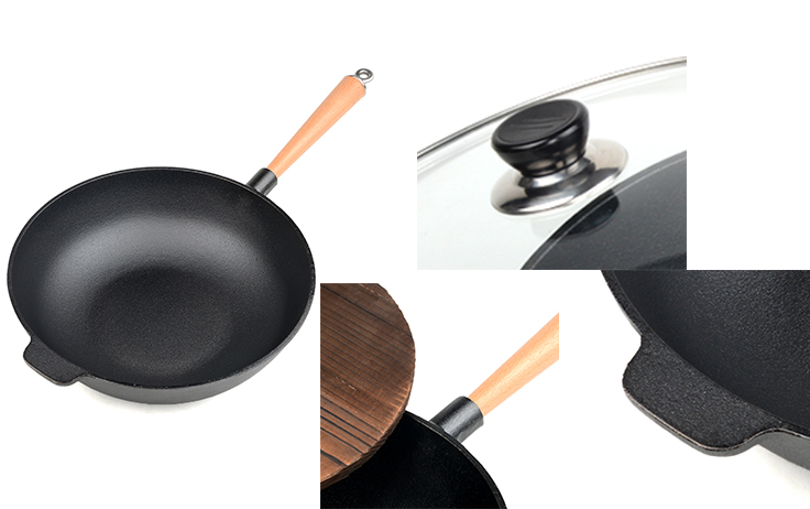 Einzelgriff-Wok aus eingebranntem Gusseisen, 31&nbsp;cm