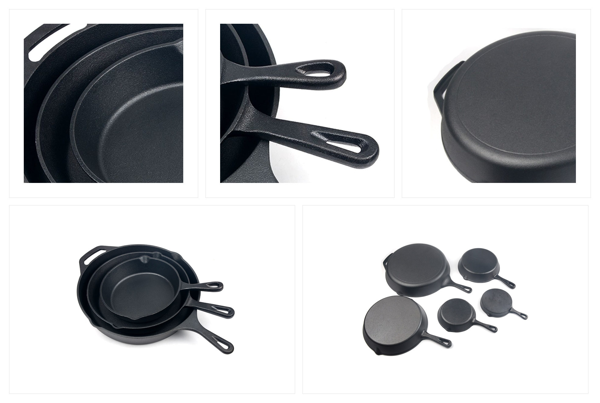 4-teiliges, vorgebranntes Gusseisen-Pfanne-Set mit zwei Ausgie&szlig;ern, Details